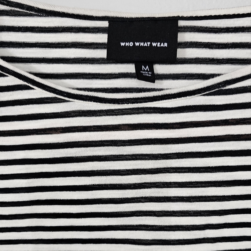 Who What Wear Black and White Puff Fitted 3/4 Sleeve T-Shirt - Picture 2 of 4
